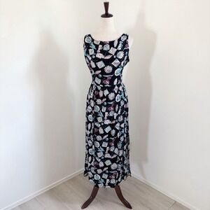 VTG Karin Stevens Dress Size 12 Black Garden Party Novelty Print Tie Back Retro